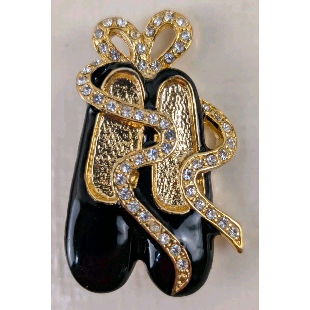 Ballet Slippers Brooch‎ Gold Tone Black Enamel Rhinestone Dance Shoes Pin